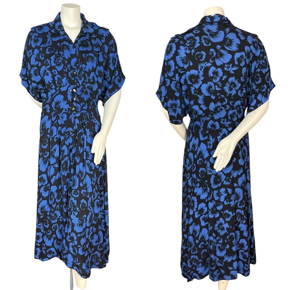 Vintage Floral Dress Midi Rayon‎ Blue Black Down Midi Short Sleeve 90s Flowy